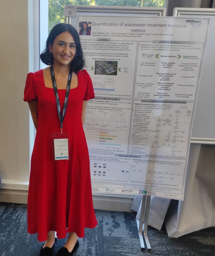 Anna Laino is wearing a red dress and standing next to a scientific conference poster smiling at the camera