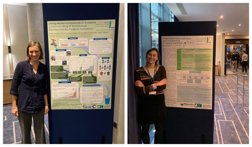 left: Polly stands wearing a dark shirt smiling at the camera next to a scientific poster. right: Ali stands with her arms crossed smiling at the camera next to a scientific poster. She is wearing a striped top.