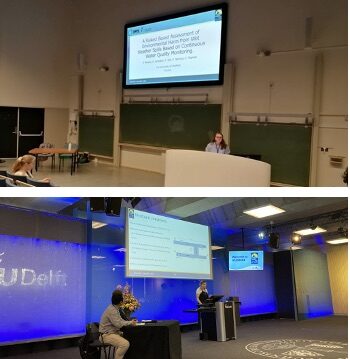Top: Lydia stands at the front of a lecture theatre delivering a presentation Bottom: Kaeli stands on a stage presenting