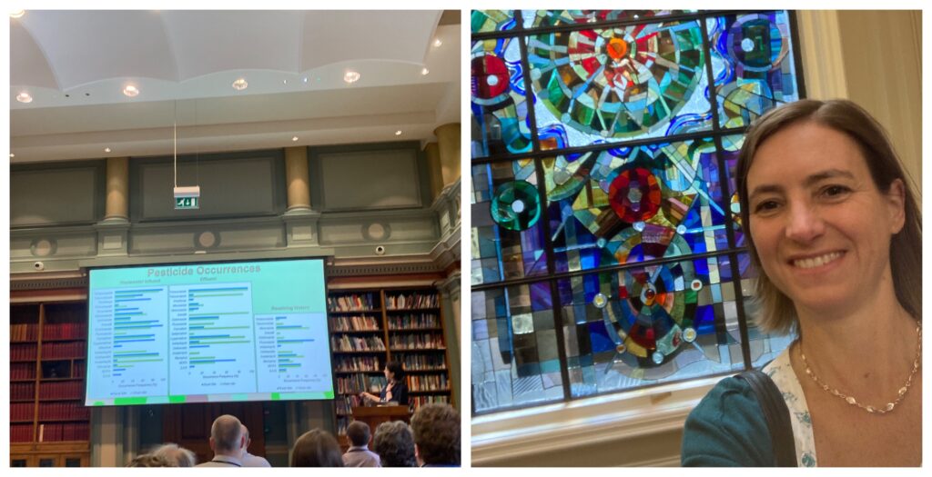 Left: Polly Grundy presenting in a lecture theatre Right: Polly Grundy takes a selfie in front of a stained glass window