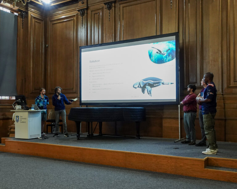 a group of people stand beside a projector screen, presenting to an unseen audience
